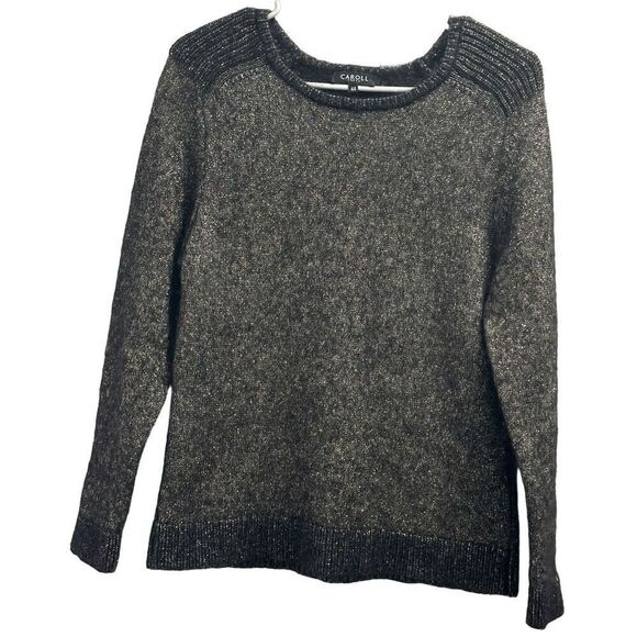 Caroll Paris Black and Metallic Long Sleeve Ribbed Shoulder Crew Neck Viscose, M - Picture 1 of 8